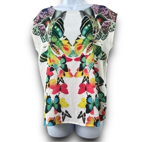 FOREVER 21 Hummingbird Butterfly White Multi Colored Sleeveless Cami Tank Size S - Picture 1 of 15
